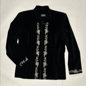 Icelandic Design Black Velvet Floral Embroidered Zip Front Jacket